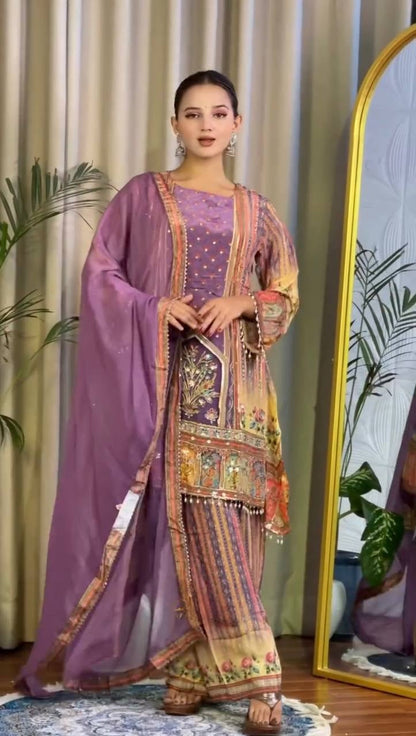 Designer Digital Printed Chinon Ensemble with Real Mirror Work and Lace Border Dupatta