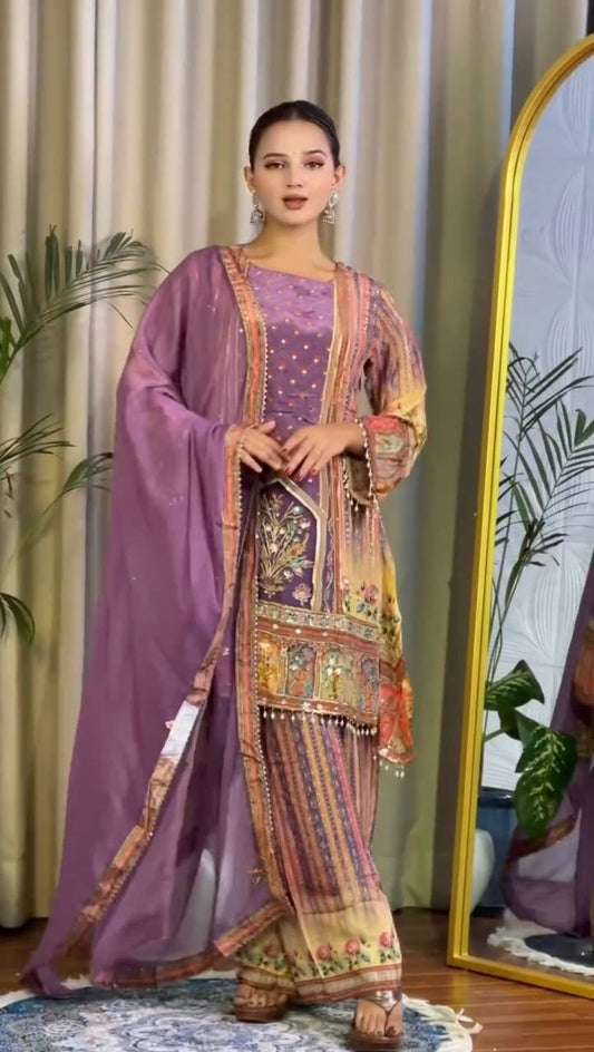 Designer Digital Printed Chinon Ensemble with Real Mirror Work and Lace Border Dupatta