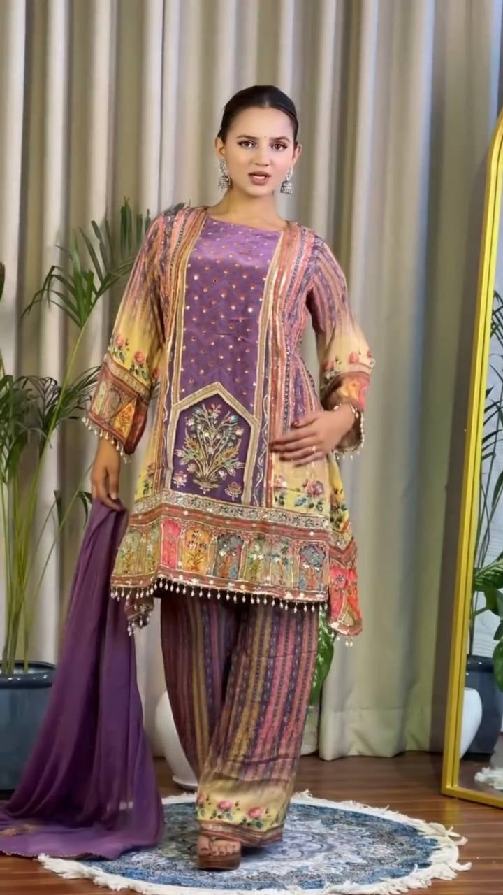 Designer Digital Printed Chinon Ensemble with Real Mirror Work and Lace Border Dupatta