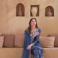 Blue Party Wear Set in Pure Natural Crepe with Embroidered Top and Farshi Palazzo