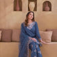 Blue Party Wear Set in Pure Natural Crepe with Embroidered Top and Farshi Palazzo