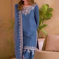 Blue Party Wear Set in Pure Natural Crepe with Embroidered Top and Farshi Palazzo