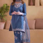 Blue Party Wear Set in Pure Natural Crepe with Embroidered Top and Farshi Palazzo