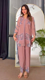 Luxury Designer Peach Co-Ord Set in Printed Sifon Georgette with Full Sleeves