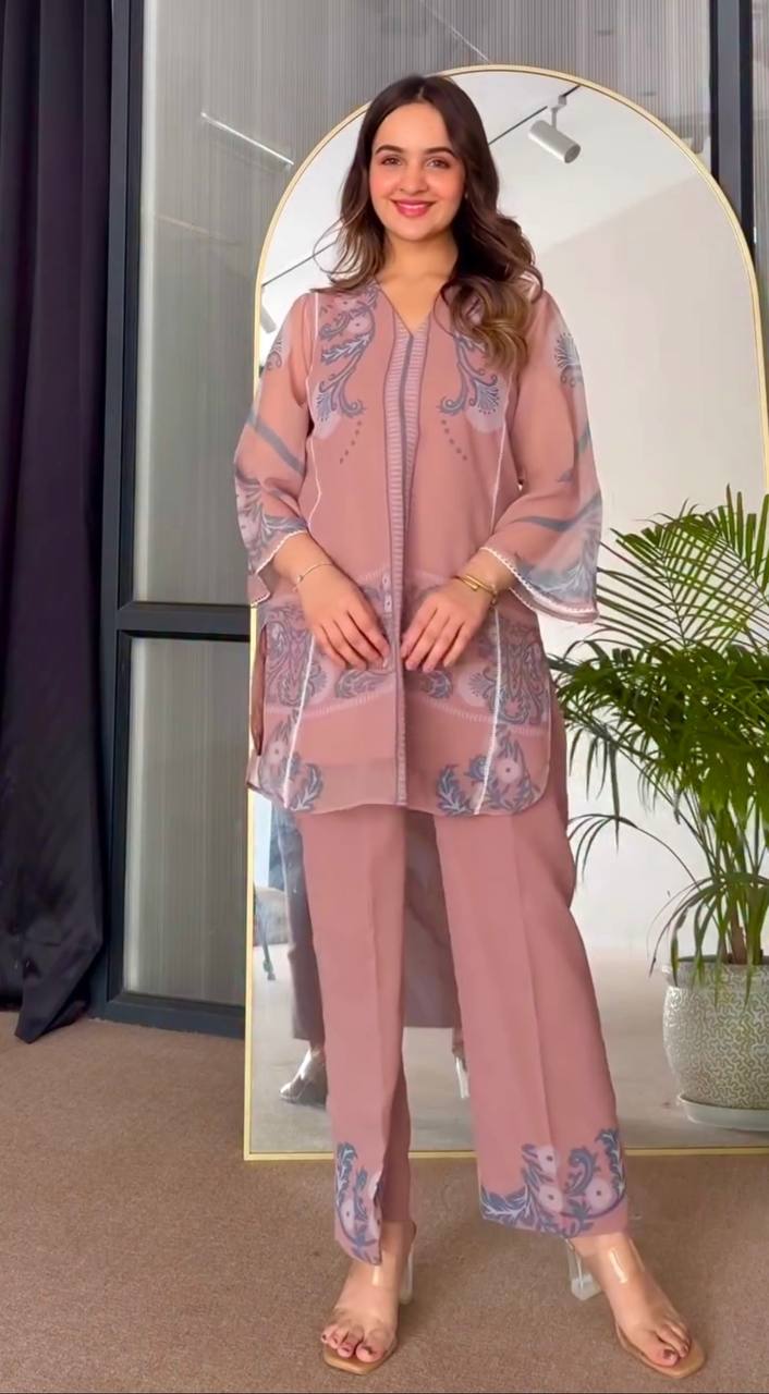 Luxury Designer Peach Co-Ord Set in Printed Sifon Georgette with Full Sleeves