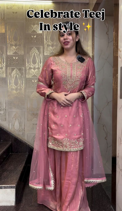 Designer Party Wear Fandy Crash Top & Pallazo Set with Embroidery Sequins and Soft Net Dupatta