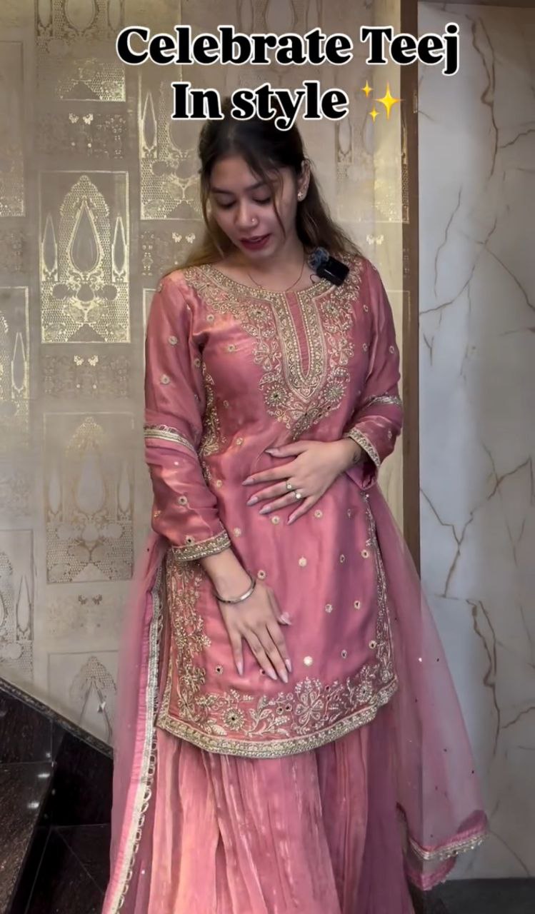 Designer Party Wear Fandy Crash Top & Pallazo Set with Embroidery Sequins and Soft Net Dupatta