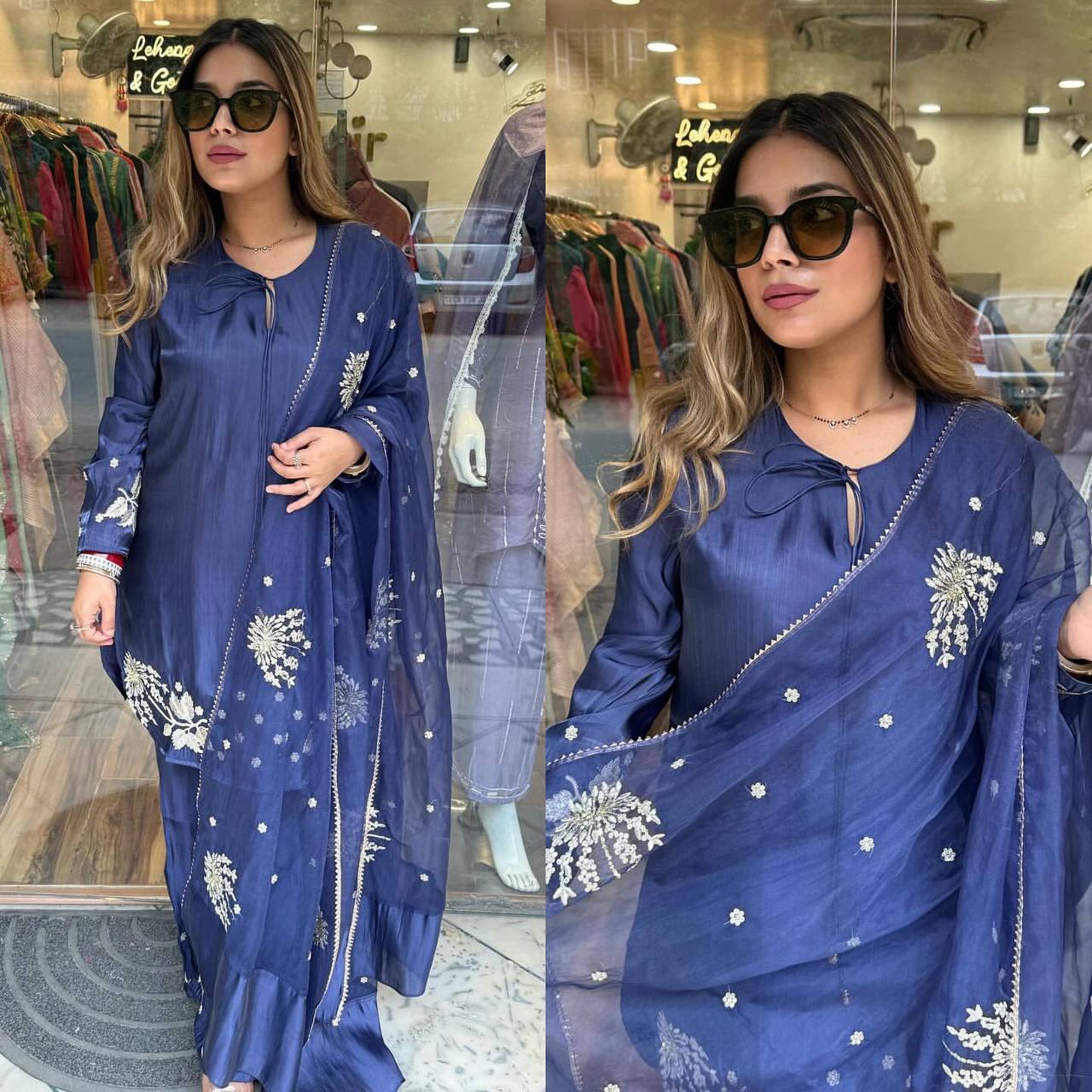 Designer Natural Crepe Farshi Palazzo Set with Bidas Val Moti & 3mm Sequence Embroidery