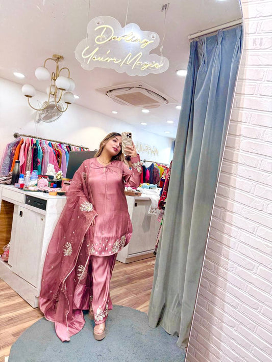 Designer Natural Crepe Farshi Palazzo Set with Bidas Val Moti & 3mm Sequence Embroidery