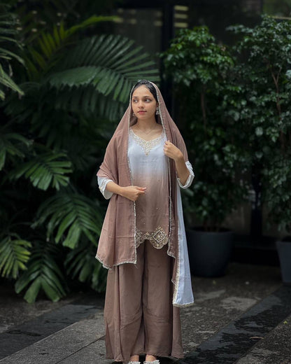Heavy Faux Georgette Embroidered Top and Umbrella Flair Plazzo Set with Dupatta