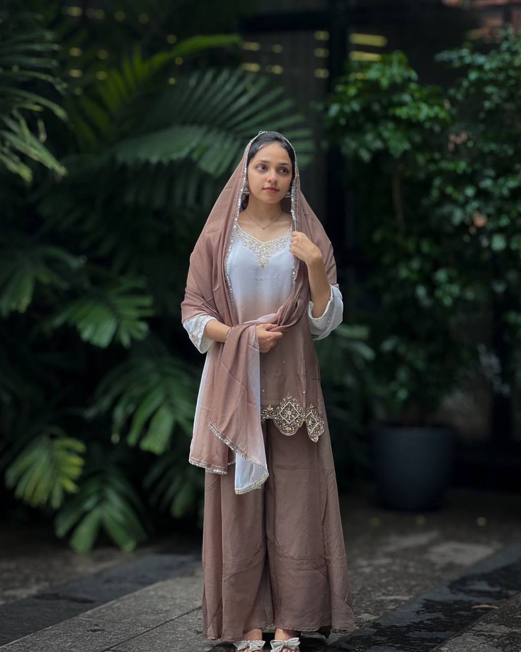 Heavy Faux Georgette Embroidered Top and Umbrella Flair Plazzo Set with Dupatta