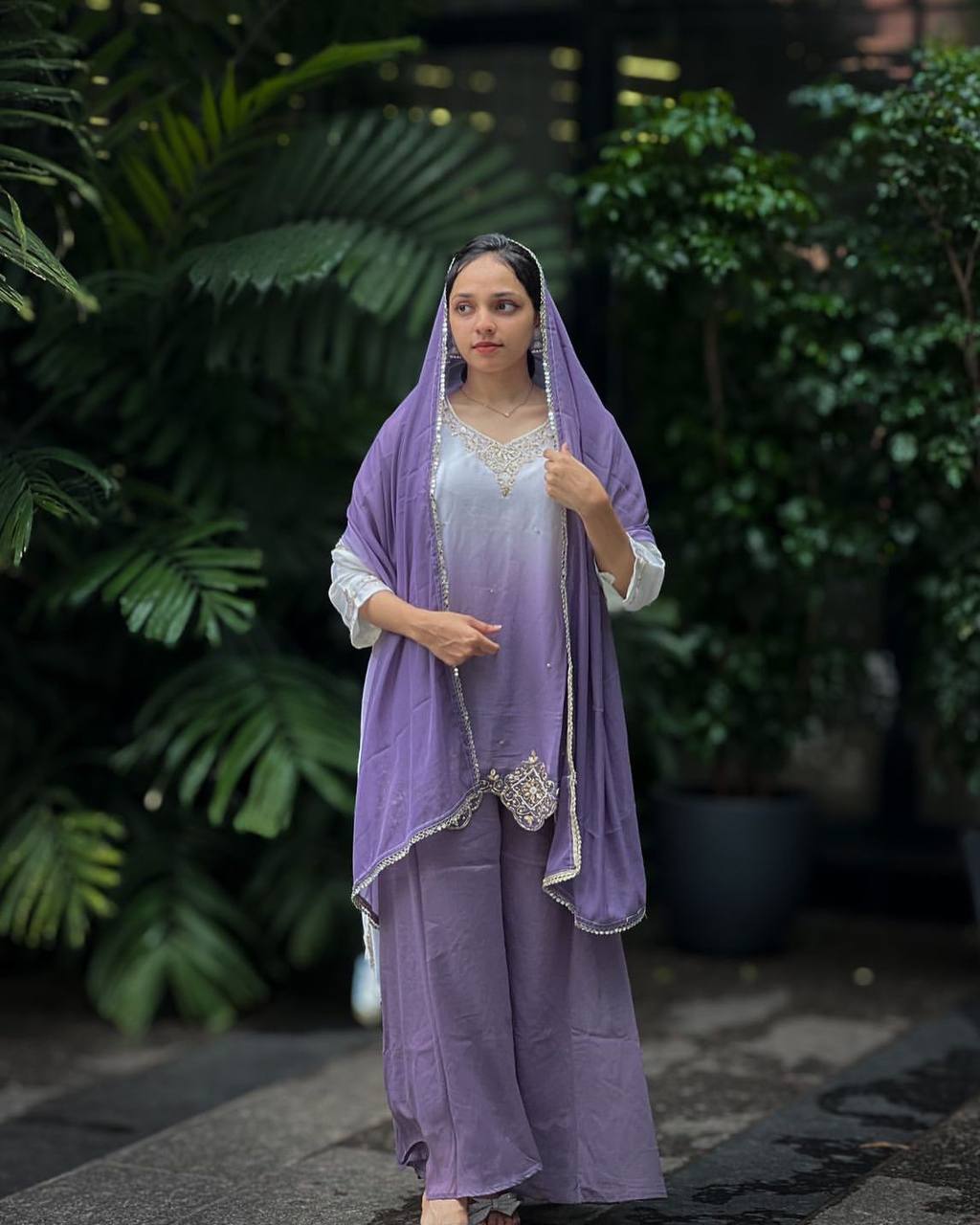 Heavy Faux Georgette Embroidered Top and Umbrella Flair Plazzo Set with Dupatta