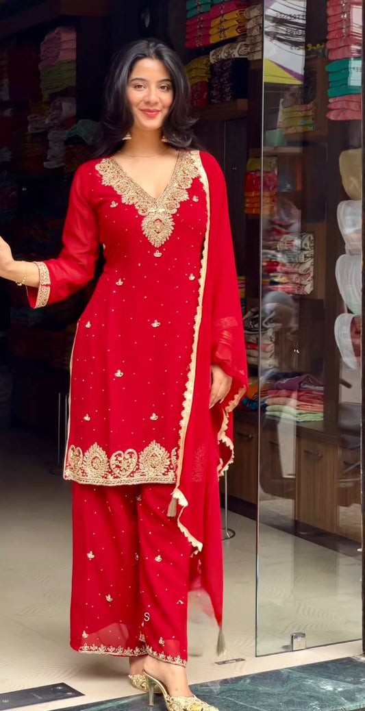 Stylish Beaded Faux Georgette Set with Sequin Embroidered Palazzo and Dupatta
