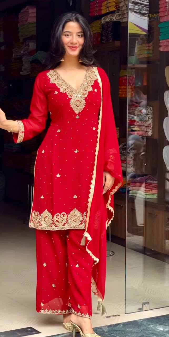 Stylish Beaded Faux Georgette Set with Sequin Embroidered Palazzo and Dupatta
