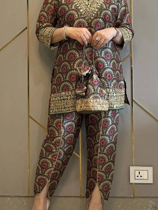 Traditional Digital Printed Dhoti Co-Ords Set in Pure Crepe with Embroidery