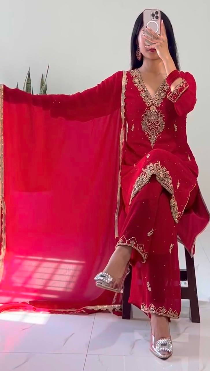 Designer Faux Georgette Outfit with Fancy Embroidery and Moti Embellishment