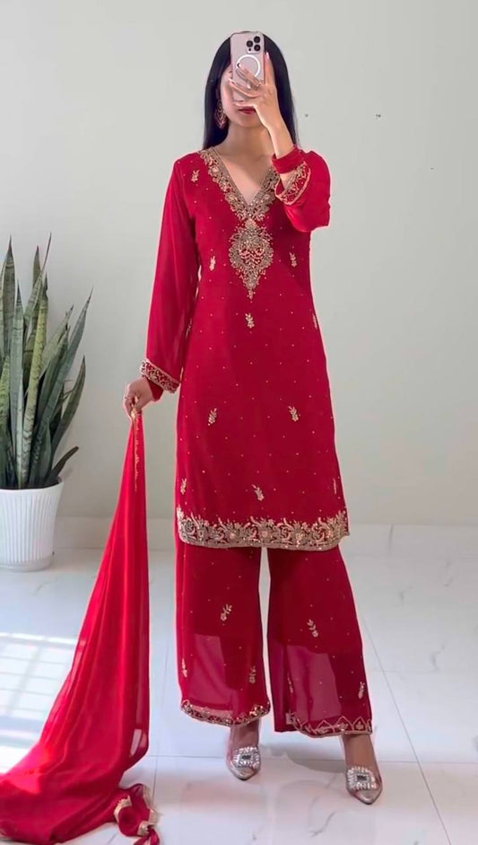 Designer Faux Georgette Outfit with Fancy Embroidery and Moti Embellishment