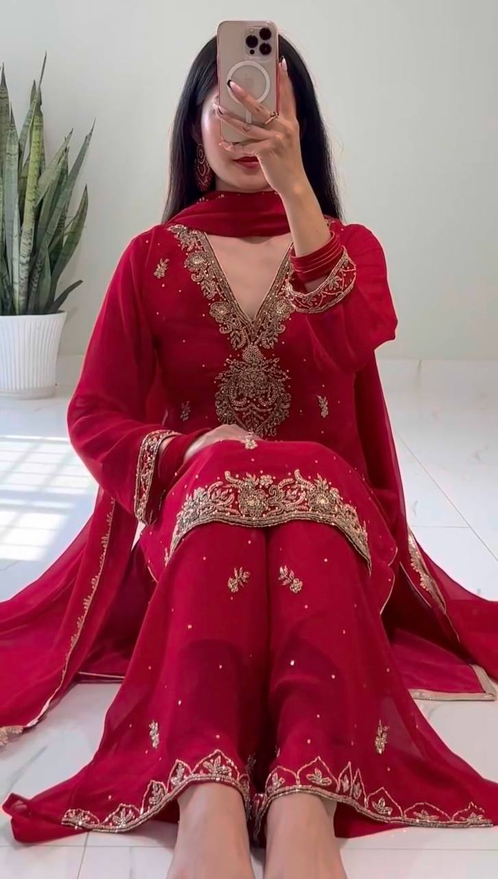 Designer Faux Georgette Outfit with Fancy Embroidery and Moti Embellishment