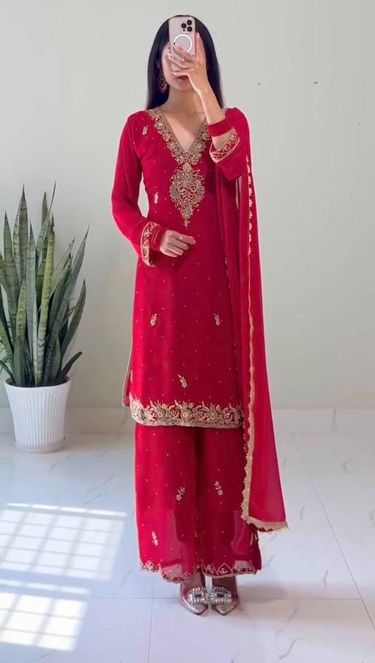 Designer Faux Georgette Outfit with Fancy Embroidery and Moti Embellishment