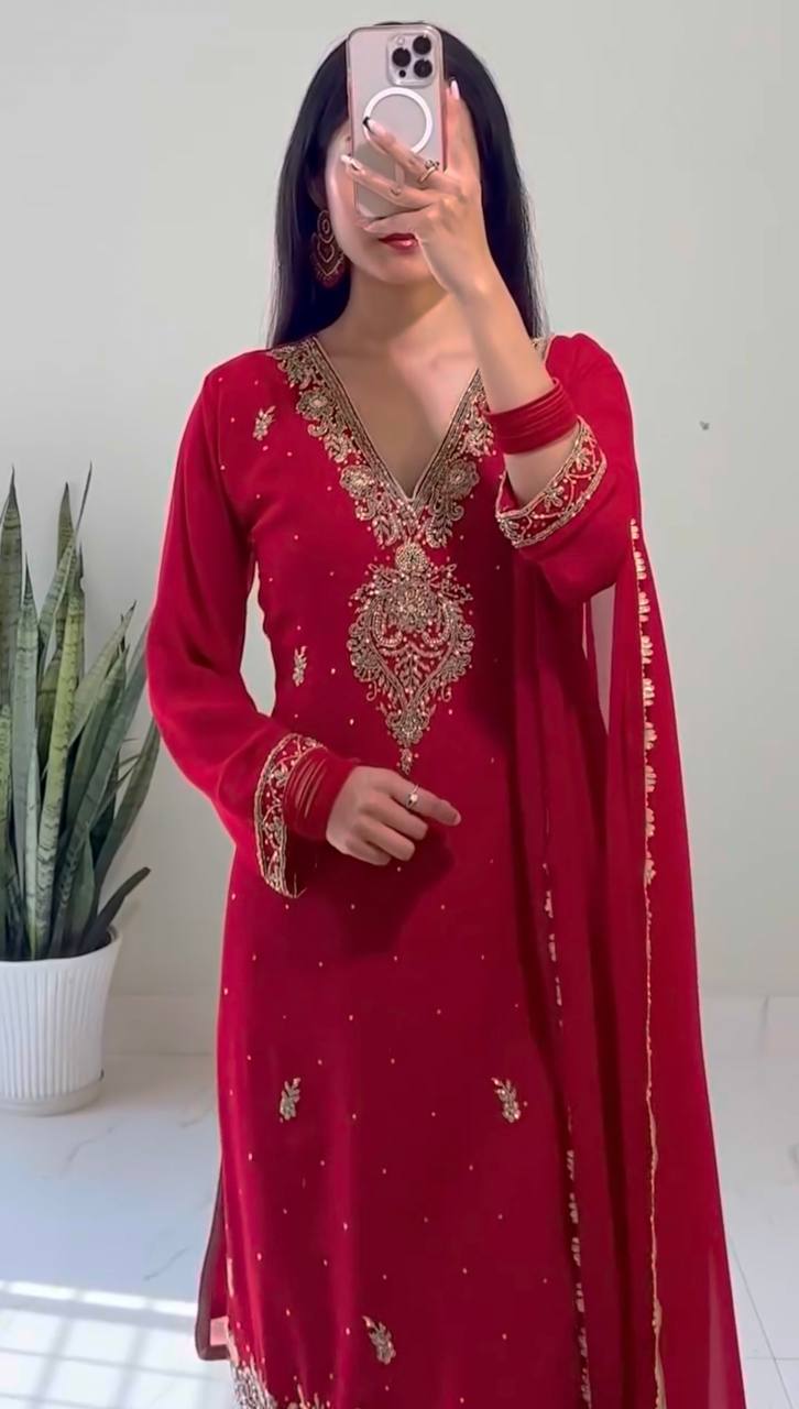 Designer Faux Georgette Outfit with Fancy Embroidery and Moti Embellishment