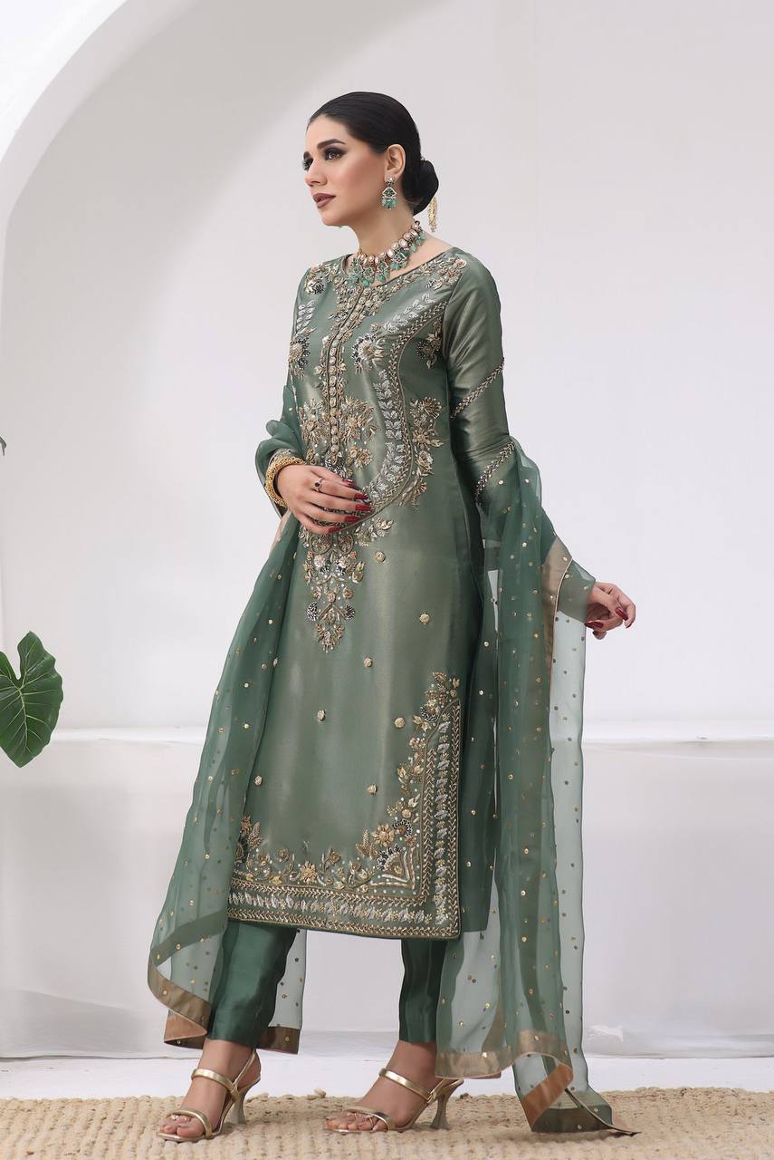 Aditi Fully Stitched Jimmy Choo Silk Top Pant Dupatta Set with Elegant Embroidery
