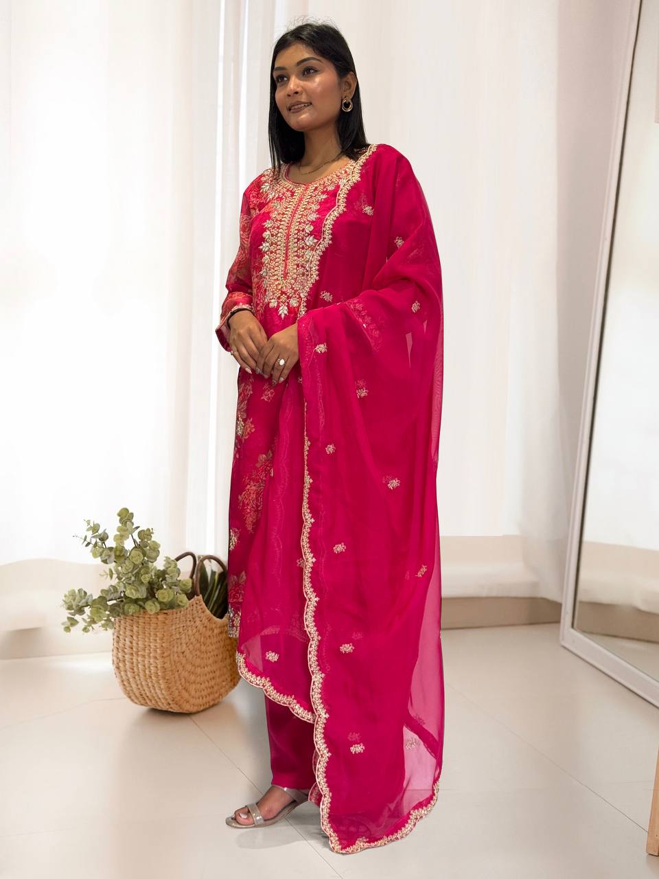 Ready to Wear Designer Suit in Kundan Organza with Hand Mirror and Stone Embroidery