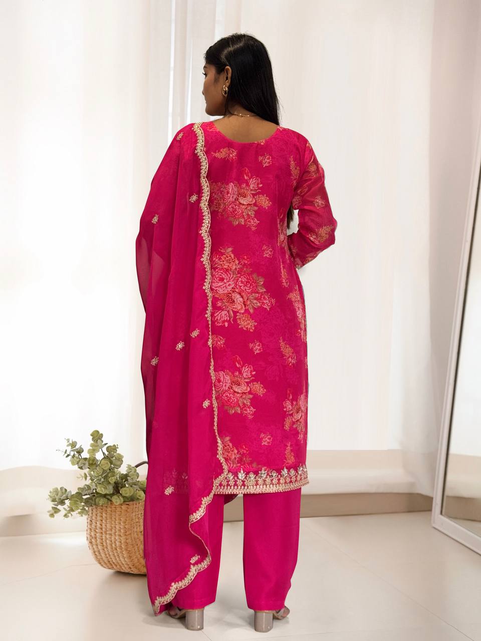 Ready to Wear Designer Suit in Kundan Organza with Hand Mirror and Stone Embroidery