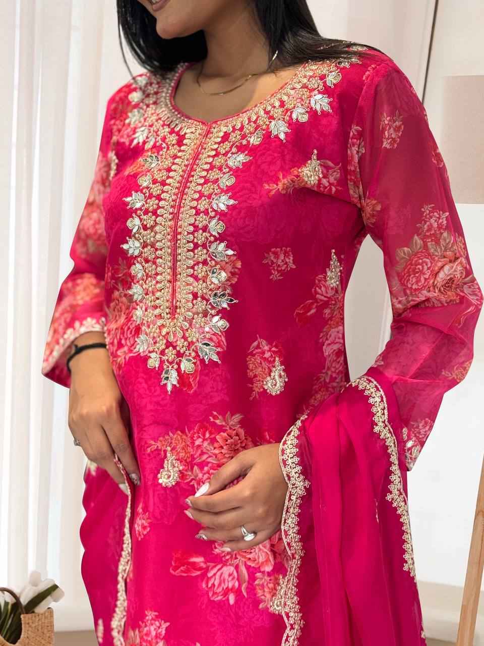 Ready to Wear Designer Suit in Kundan Organza with Hand Mirror and Stone Embroidery