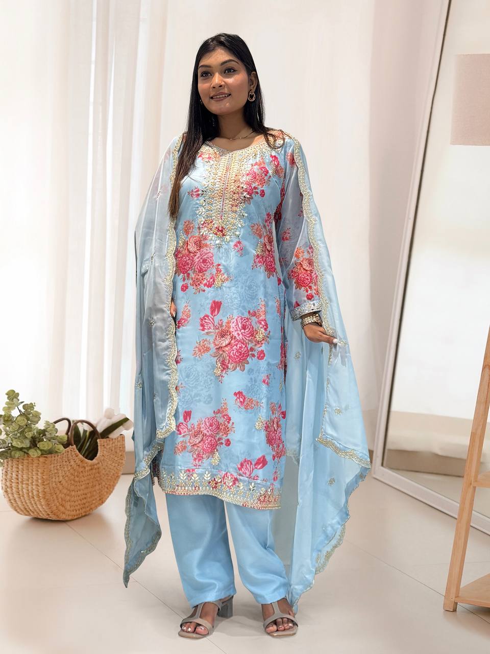 Ready to Wear Designer Suit in Kundan Organza with Hand Mirror and Stone Embroidery