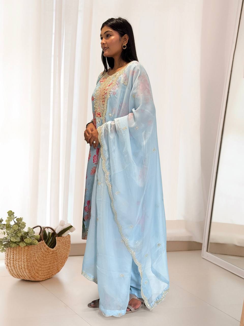 Ready to Wear Designer Suit in Kundan Organza with Hand Mirror and Stone Embroidery