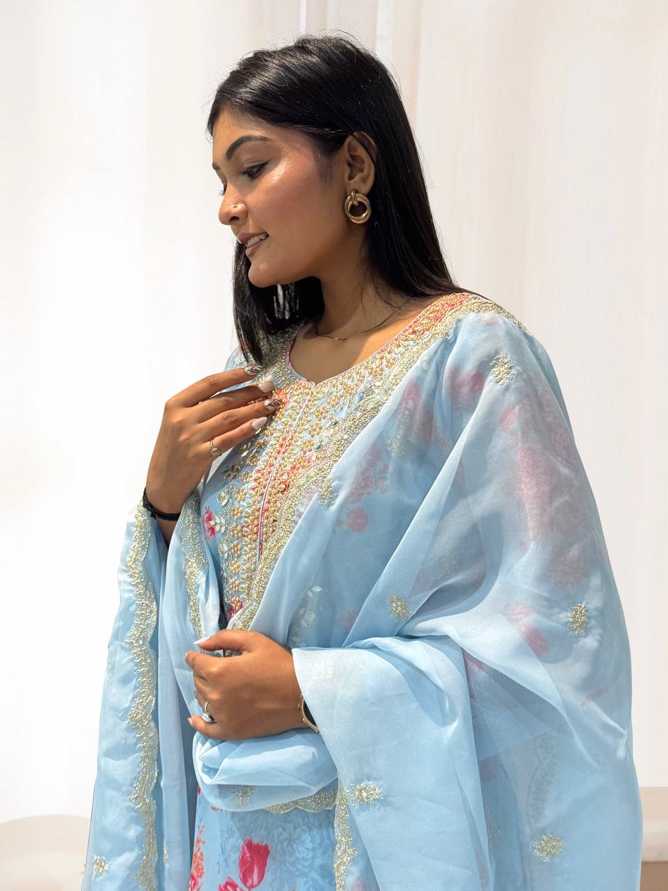 Ready to Wear Designer Suit in Kundan Organza with Hand Mirror and Stone Embroidery