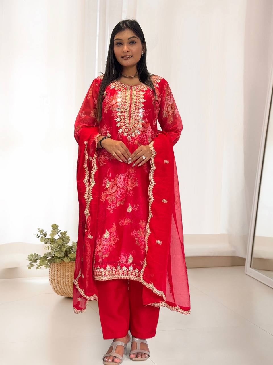 Ready to Wear Designer Suit in Kundan Organza with Hand Mirror and Stone Embroidery
