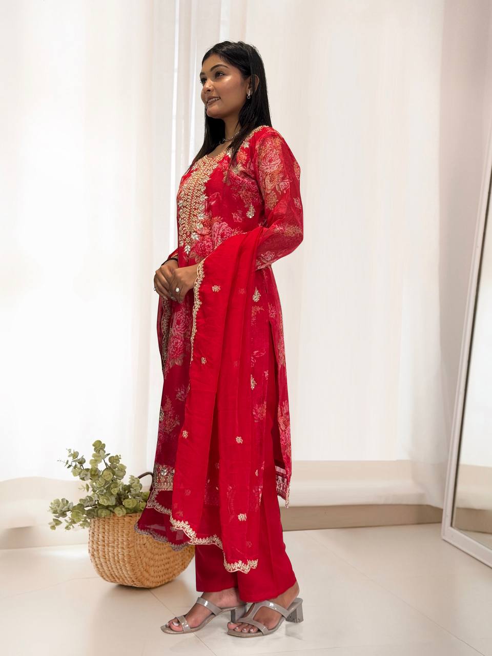Ready to Wear Designer Suit in Kundan Organza with Hand Mirror and Stone Embroidery