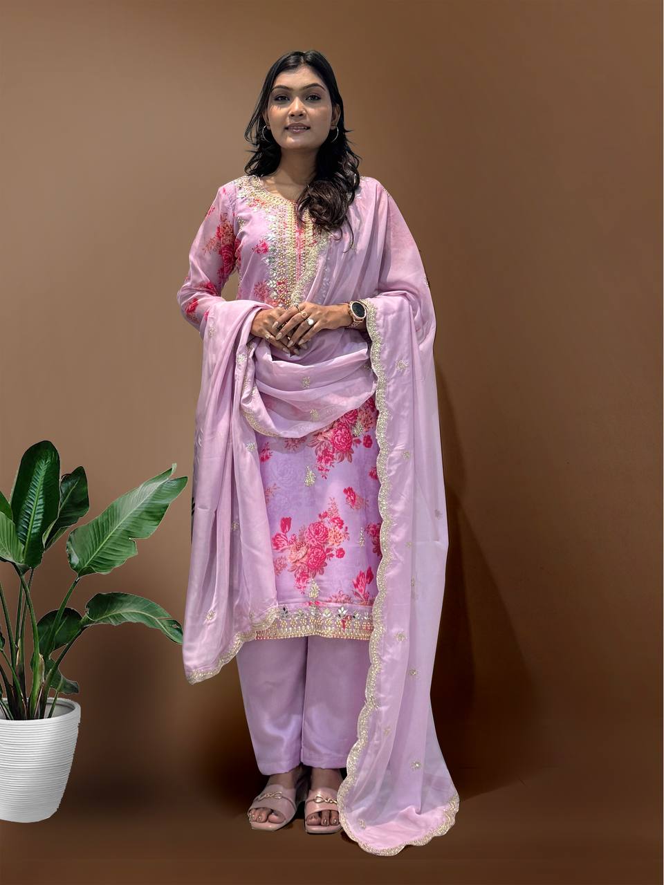 Ready to Wear Designer Suit in Kundan Organza with Hand Mirror and Stone Embroidery