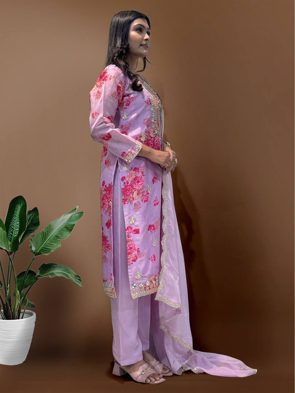 Ready to Wear Designer Suit in Kundan Organza with Hand Mirror and Stone Embroidery