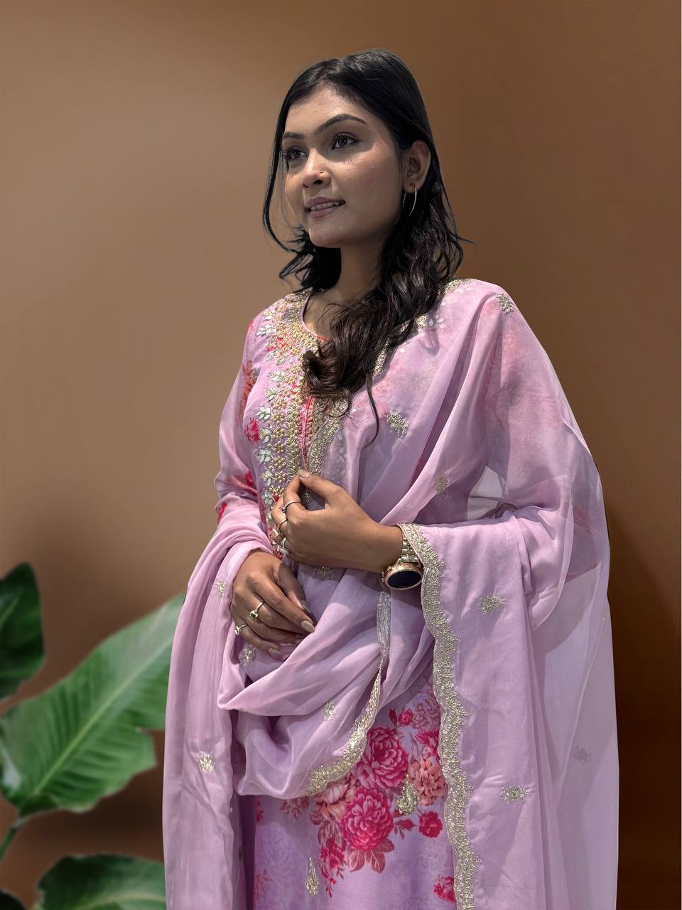 Ready to Wear Designer Suit in Kundan Organza with Hand Mirror and Stone Embroidery
