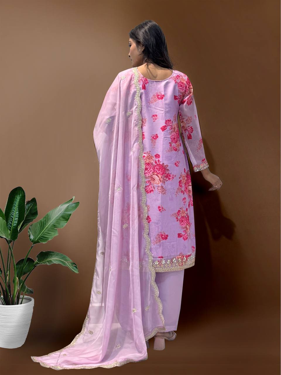 Ready to Wear Designer Suit in Kundan Organza with Hand Mirror and Stone Embroidery