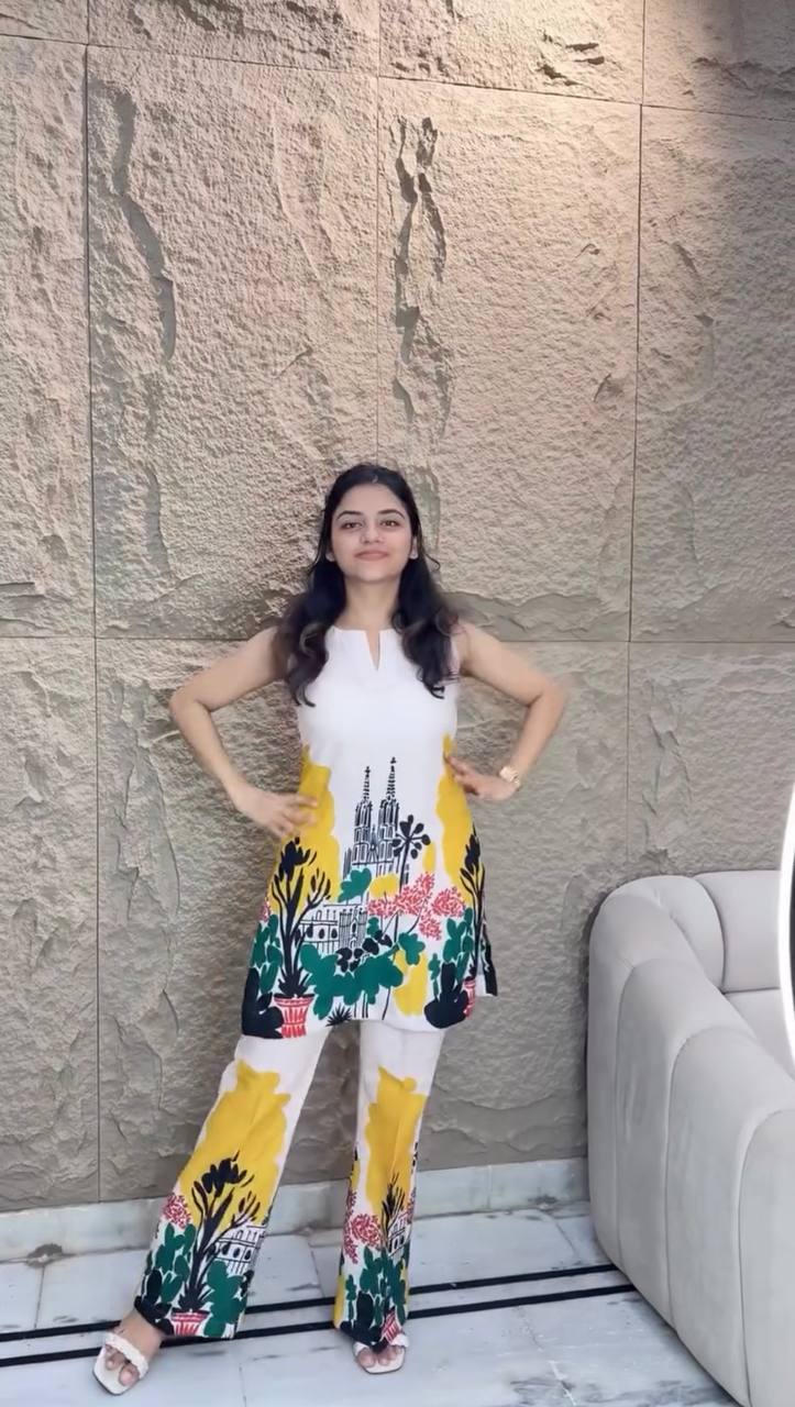 Luxury Party Wear Co-Ord Set in Digital Printed Natural Butter Blue Cotton