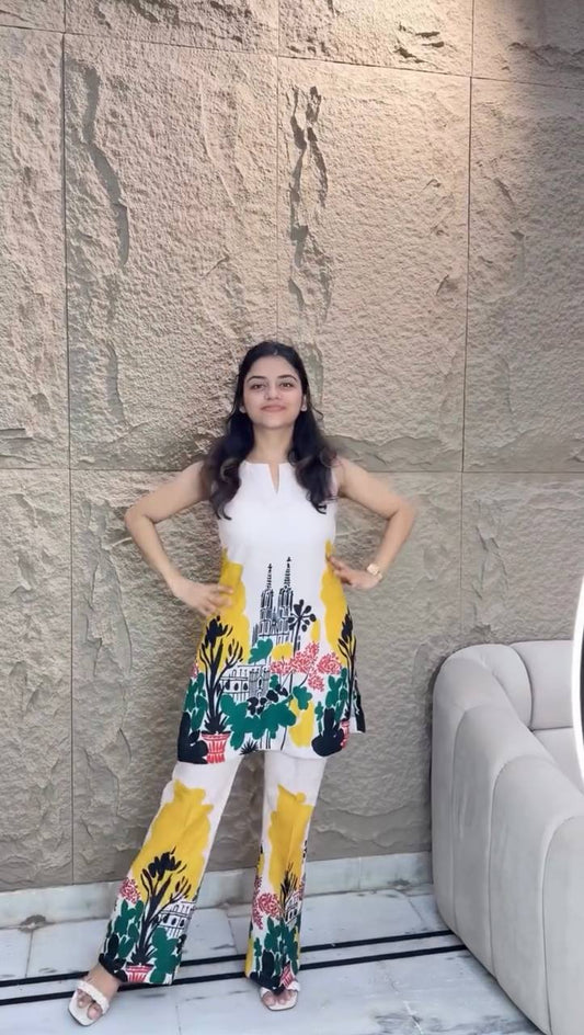 Luxury Party Wear Co-Ord Set in Digital Printed Natural Butter Blue Cotton