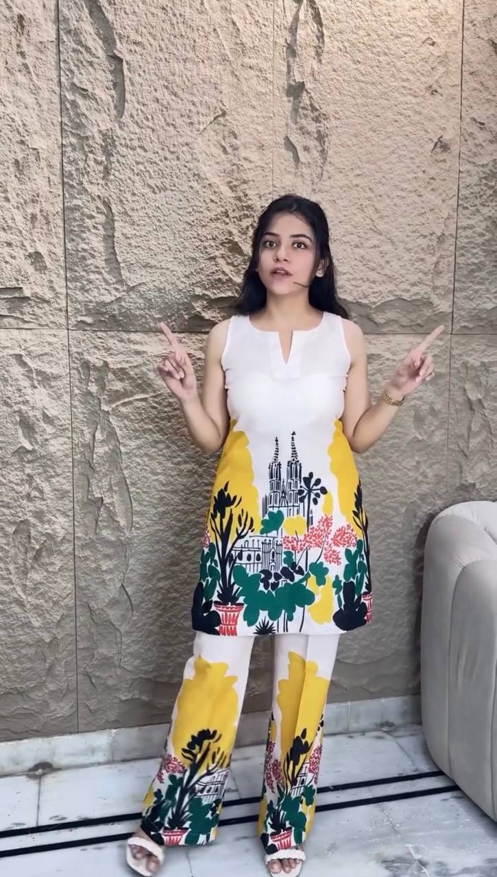 Luxury Party Wear Co-Ord Set in Digital Printed Natural Butter Blue Cotton