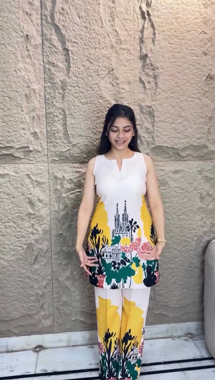 Luxury Party Wear Co-Ord Set in Digital Printed Natural Butter Blue Cotton