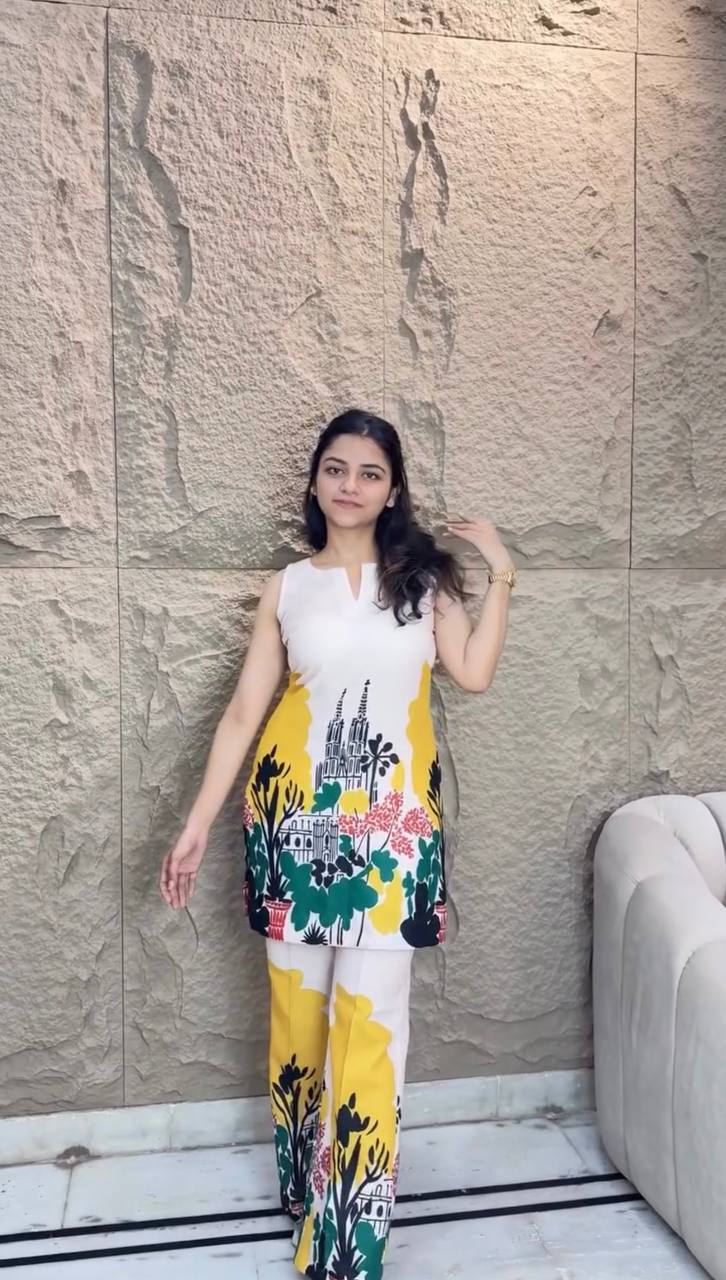 Luxury Party Wear Co-Ord Set in Digital Printed Natural Butter Blue Cotton