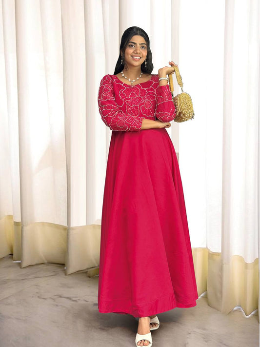 Designer Heavy Roman Silk Gown with Coordinated Bottom and Hand Embellishments