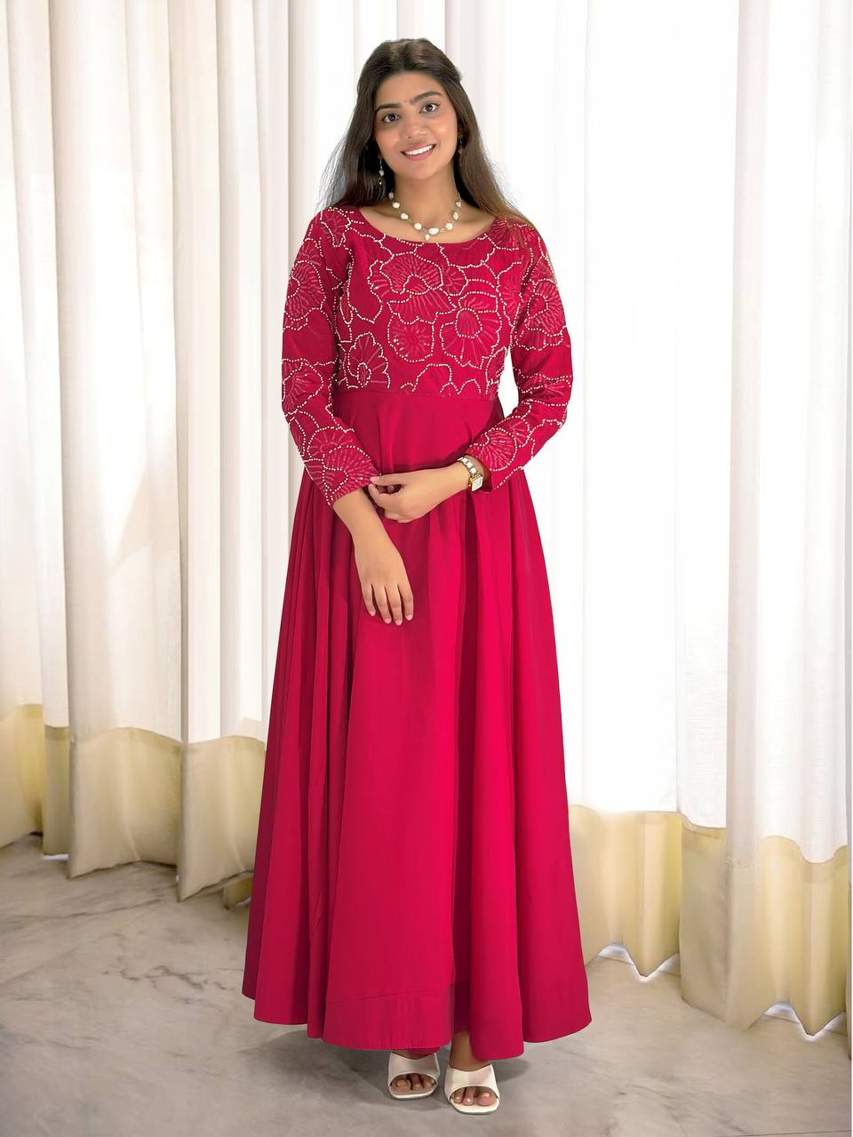 Designer Heavy Roman Silk Gown with Coordinated Bottom and Hand Embellishments