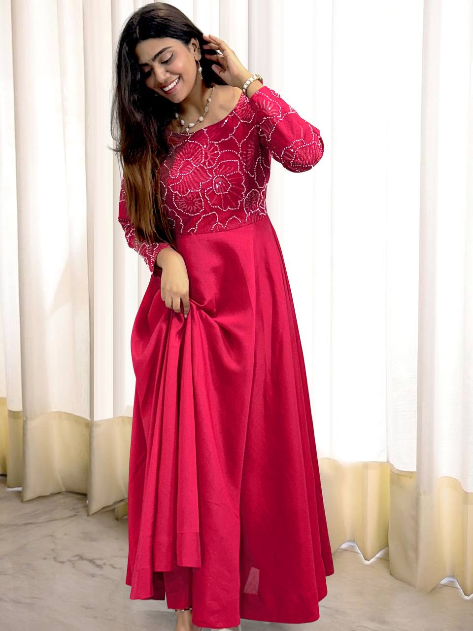 Designer Heavy Roman Silk Gown with Coordinated Bottom and Hand Embellishments