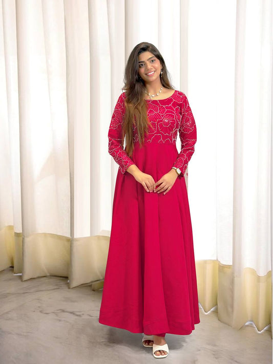 Designer Heavy Roman Silk Gown with Coordinated Bottom and Hand Embellishments
