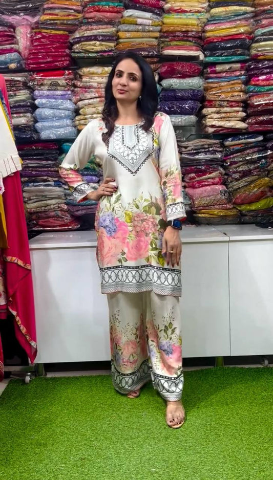 Designer Party Wear Co-Ord Set in Pure Italian Chinon Silk with Floral Print