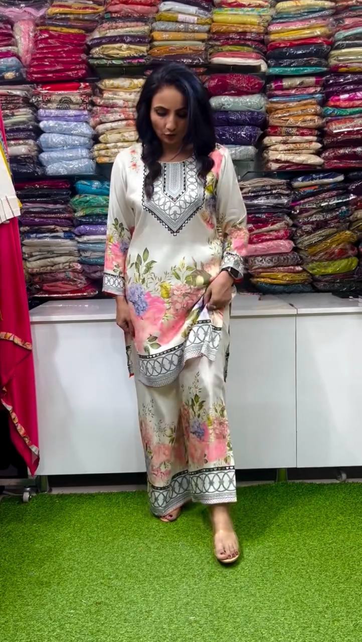 Designer Party Wear Co-Ord Set in Pure Italian Chinon Silk with Floral Print