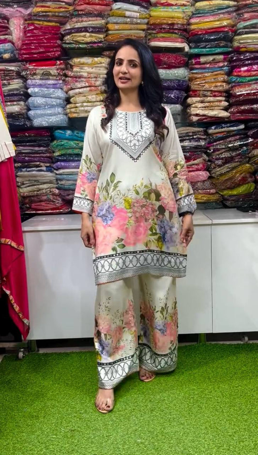 Designer Party Wear Co-Ord Set in Pure Italian Chinon Silk with Floral Print