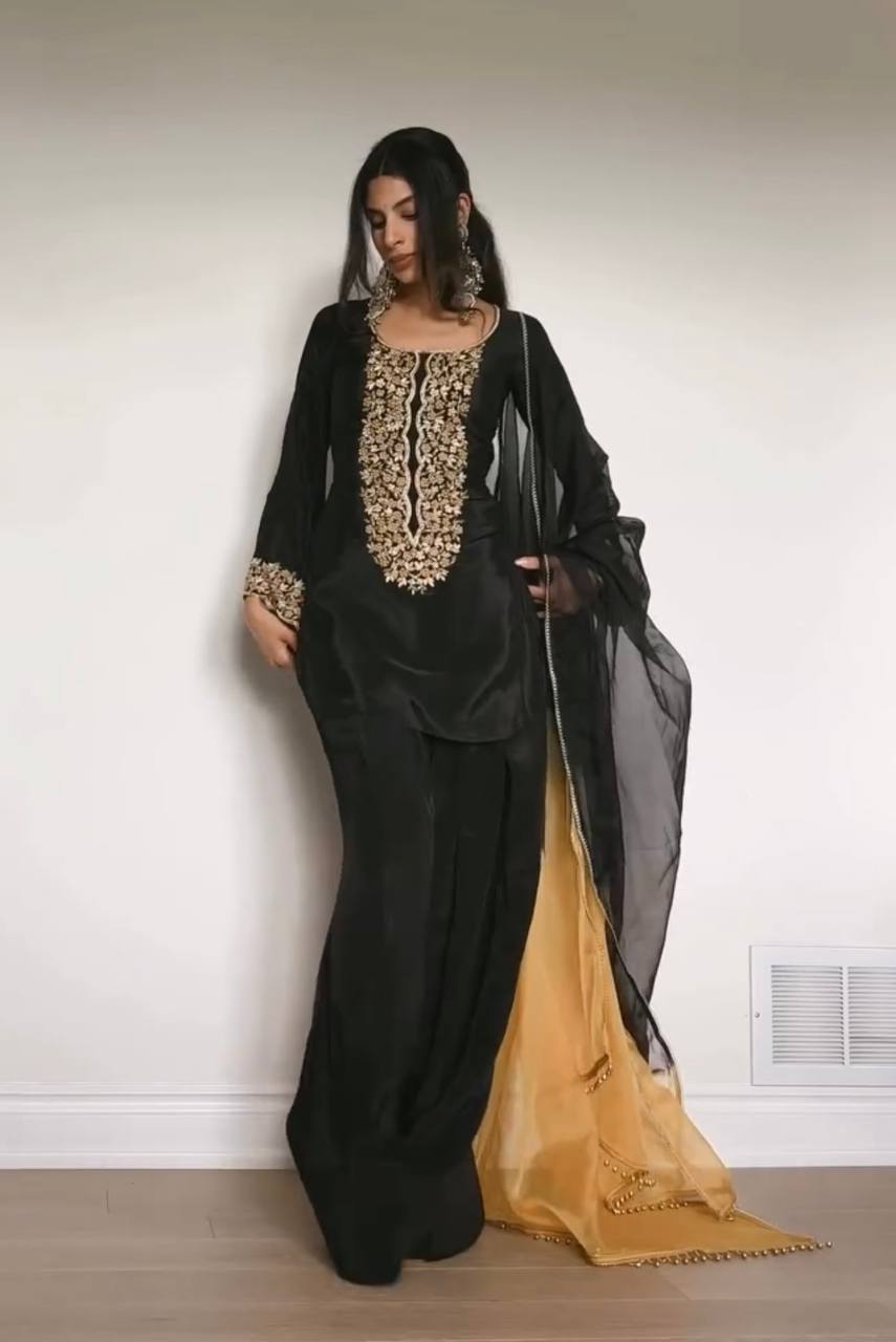 Exclusive Party Wear Satin Outfit with Sequin Embroidery and Farshi Palazzo